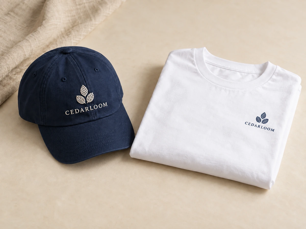 A navy cap and white T-shirt with matching fictional company branding