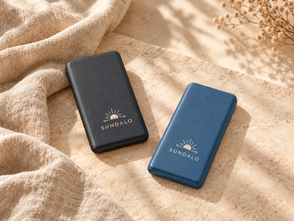 Charcoal and blue power banks with fictional company branding