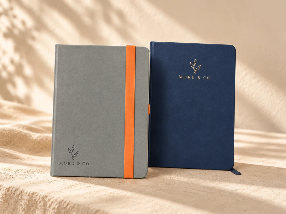 Grey and navy notebooks with fictional company logos and contrasting elastic details
