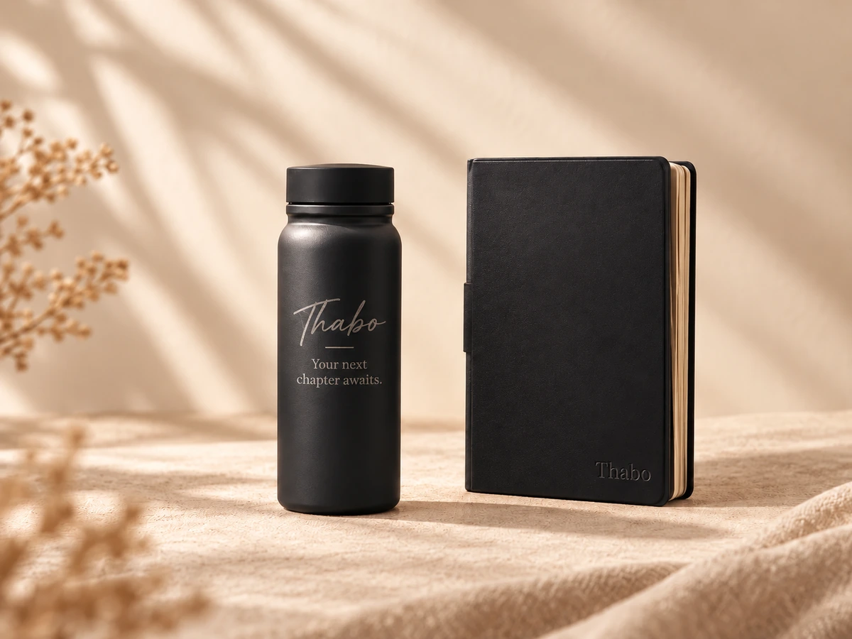A dark drink bottle and notebook personalised for Thabo